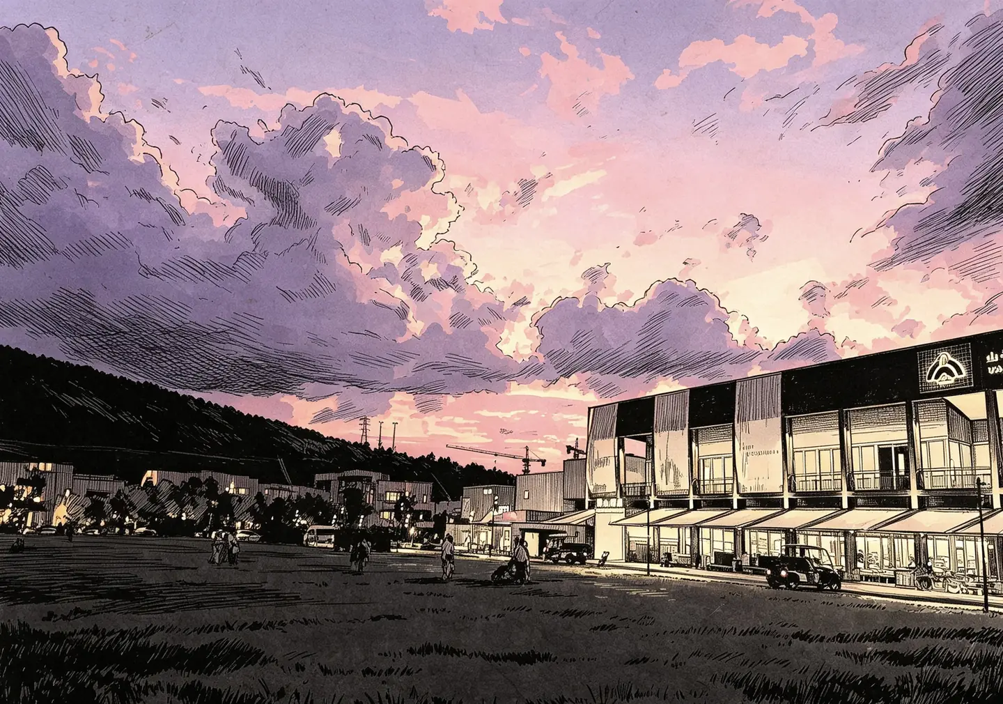 黄昏时分的街区插画：晚霞铺满天空，人们走在街上，远处是山与建筑工地